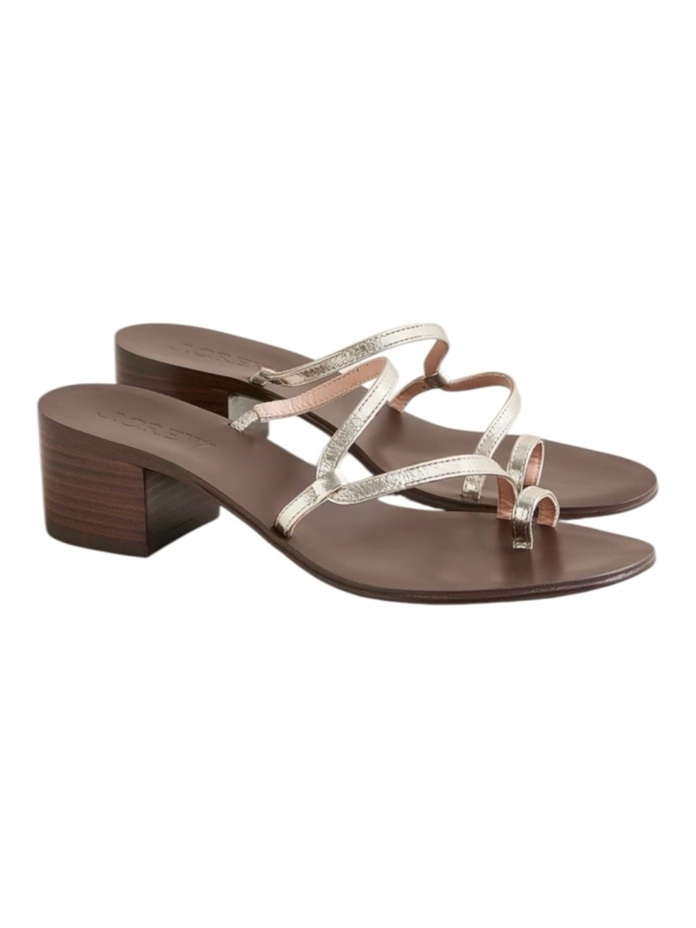 J. Crew Metallic and Brown Strappy Toe Ring Sandals, Stacked 2” Block Heel, 6